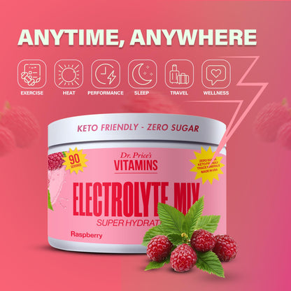 Dr. Price’s Electrolyte Mix | Sugar-Free Hydration Powder with 72+ Trace Minerals | No Sugar, Fast-Dissolving Electrolytes Powder Packets | Raspberry, 90 Servings