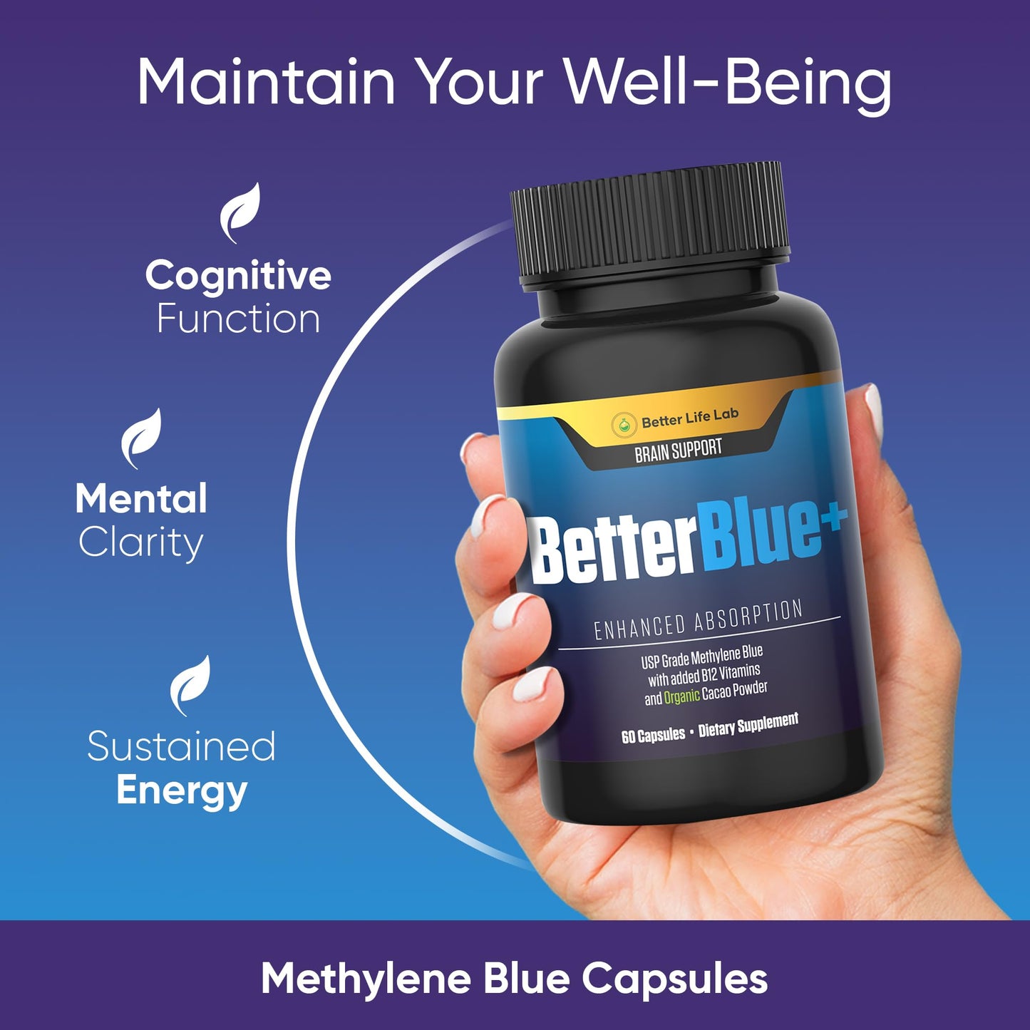 BETTER LIFE LAB Methylene Blue Capsules Pharmaceutical Grade – 60ct – Brain, Energy & Cellular Health Support