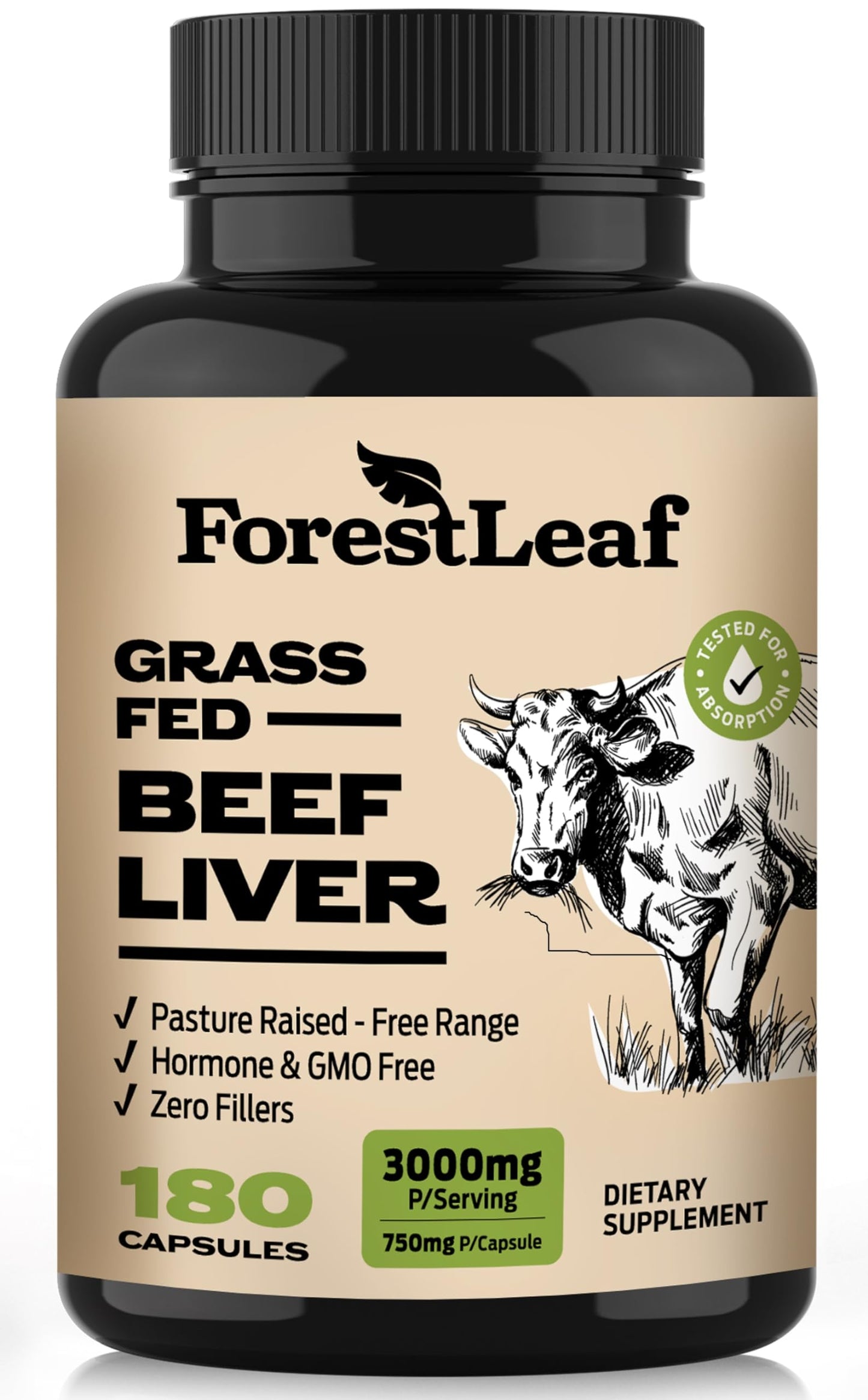 ForestLeaf Grass Fed Beef Liver Capsules, 3000mg Per Serving, Supports Full Immunity & Body Wellnes, Cleansing, Digestion, Natural Iron, Vitamin A and B12, Freeze Dried Beef Liver Supplement, 180 Caps