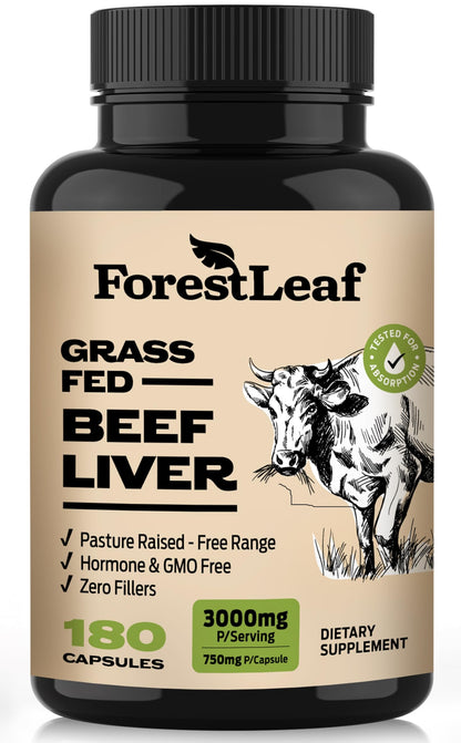 ForestLeaf Grass Fed Beef Liver Capsules, 3000mg Per Serving, Supports Full Immunity & Body Wellnes, Cleansing, Digestion, Natural Iron, Vitamin A and B12, Freeze Dried Beef Liver Supplement, 180 Caps