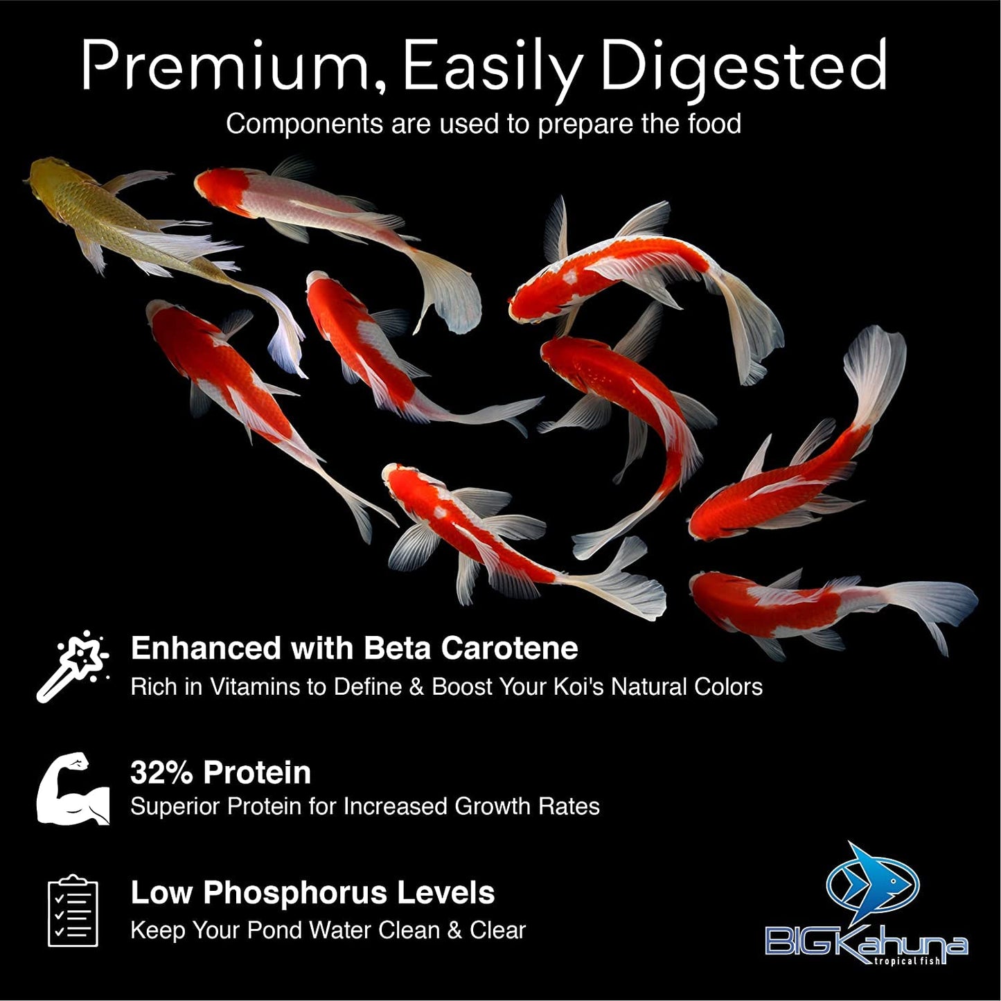 BIG Kahuna Koi Fish Food – Made in The USA - Koi Food Floating Pellets – 3/16" - 1/4" Pellet Size – 32% Protein Fish Food – Rich in Nutrients