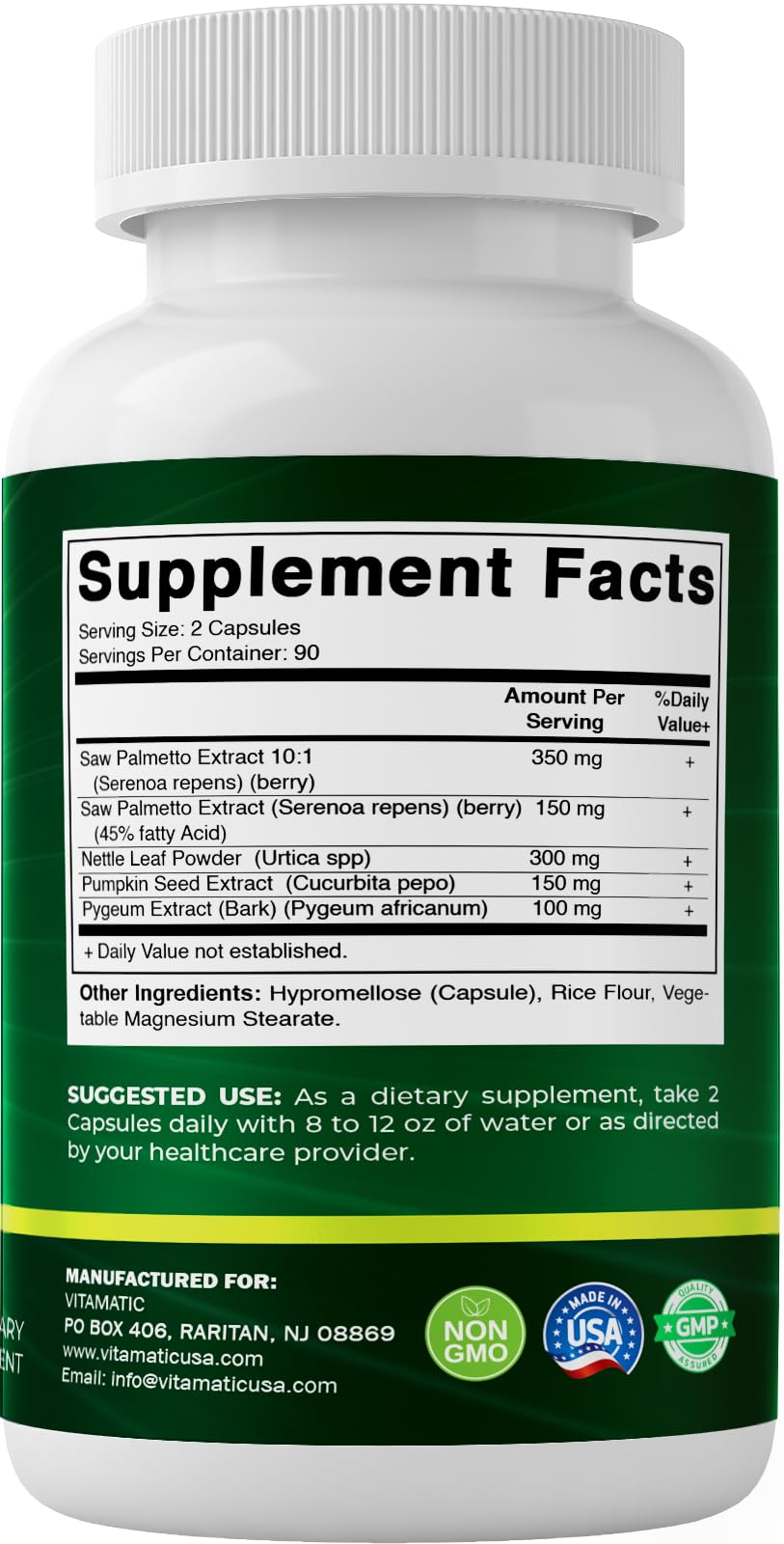 Vitamatic Saw Palmetto Extract for Men & Women 180 Veg Capsules - Made with Pumpkin Seed, Pygeum, Nettle Leaf - Made in The USA - Promotes Healthy Prostate Function