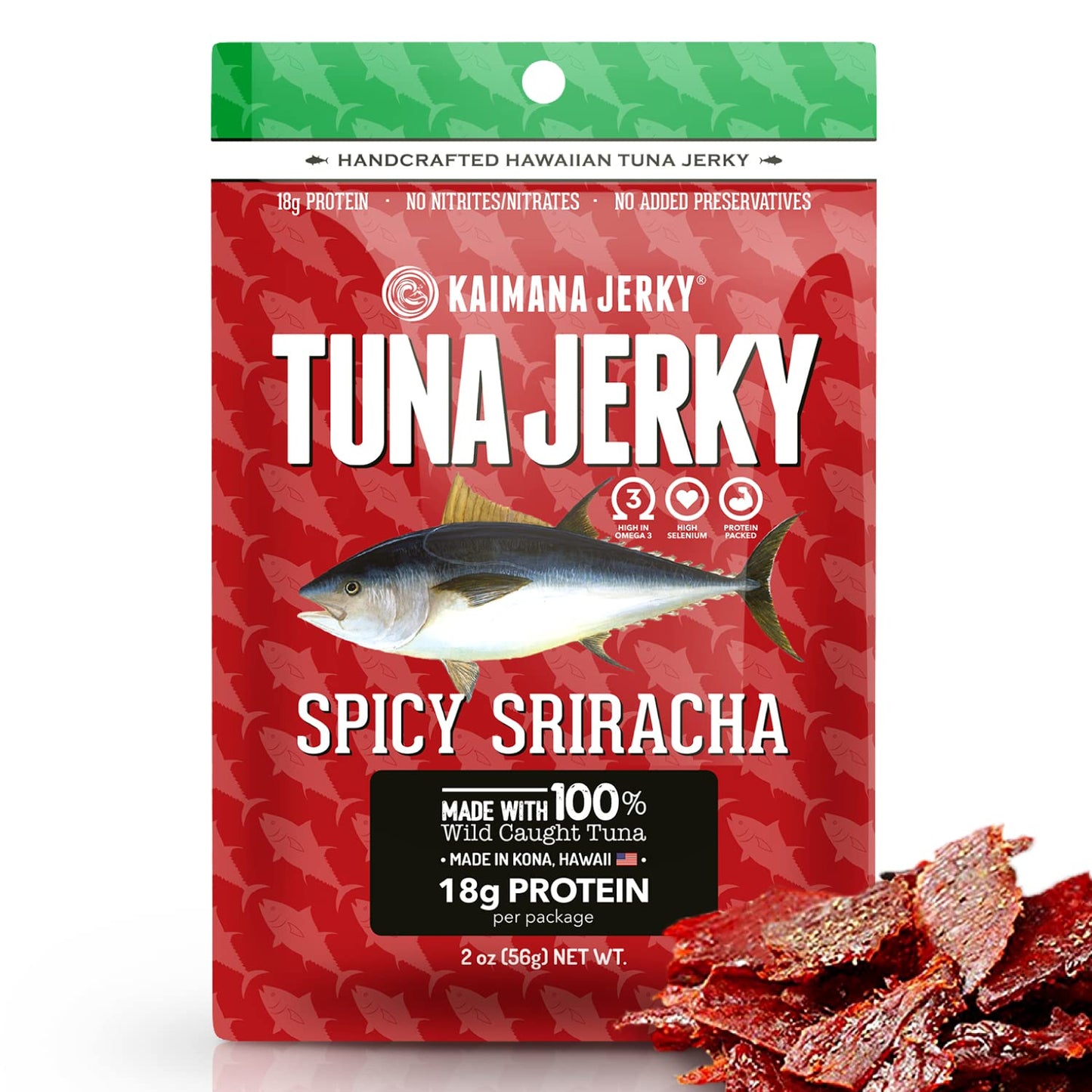 Kaimana Ahi Tuna Jerky Sriracha 2 Ounce - Paleo Style - Premium Fish Jerky Made in the USA. High in Omega 3's, All Natural and Wild Caught (2 Ounce (Pack of 1), (Sriracha)