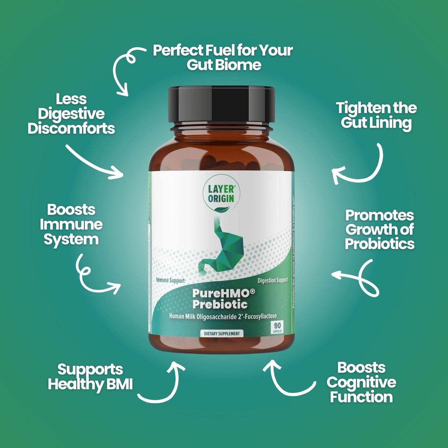 Layer Origin | PureHMO Human Milk Oligosaccharide (HMO 2'-FL) Prebiotic - Feed 180 Billion Probiotics/Serving, 30-Day Supply