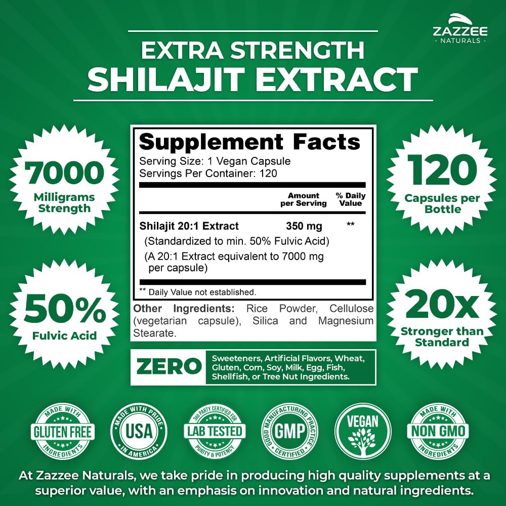 Zazzee 100% Pure Organic Himalayan Shilajit 20:1 Extract, 7000 mg Strength per Capsule, 50% Fulvic Acid, 120 Servings per Bottle, 20X Potency, Rich in Trace Minerals, Non-GMO, Vegan, Made in The USA