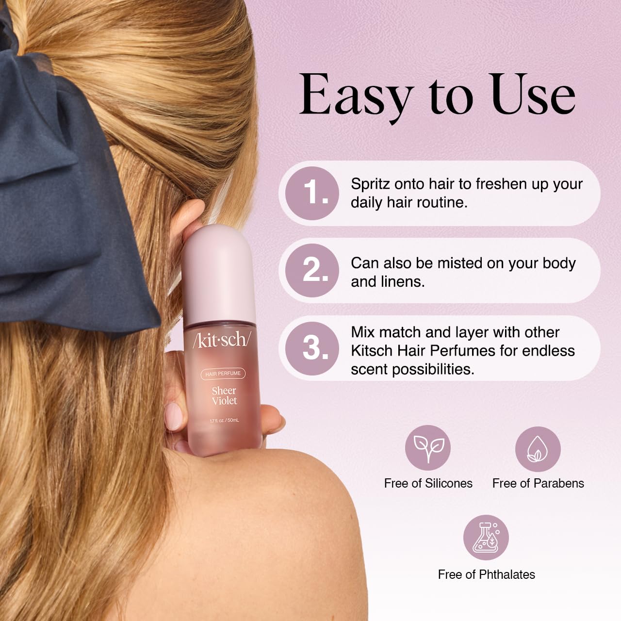Kitsch Sheer Violet Hair Perfume for Women - Hair Spray & Body Mist - Clean, Deodorizing & Patented Odor-Eliminating Technology - Freshen Hair, Body & Pillows - Raspberry, Soft Musk Scent - 50ml
