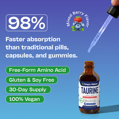 Taurine Liquid Drops Supplement - Fast Absorbing, Non-GMO, Vegan - Free Form Amino Acid for Hydration and Cognitive Function Support - Complements Essential Amino Acids Supplement (Mixed Berry, 60 mL)