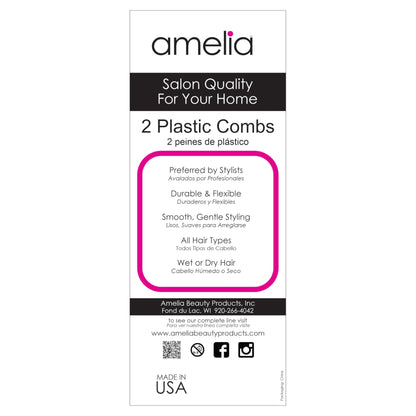 Amelia Beauty, 7in Black Plastic Wide Tooth Tease Comb, Made in USA, Professional Grade Pocket Hair Comb, Wet, Tangled Hair, Flip to Lift, Tease, Everyday Styling Cutting Hair Styling Tool, 2 Pack