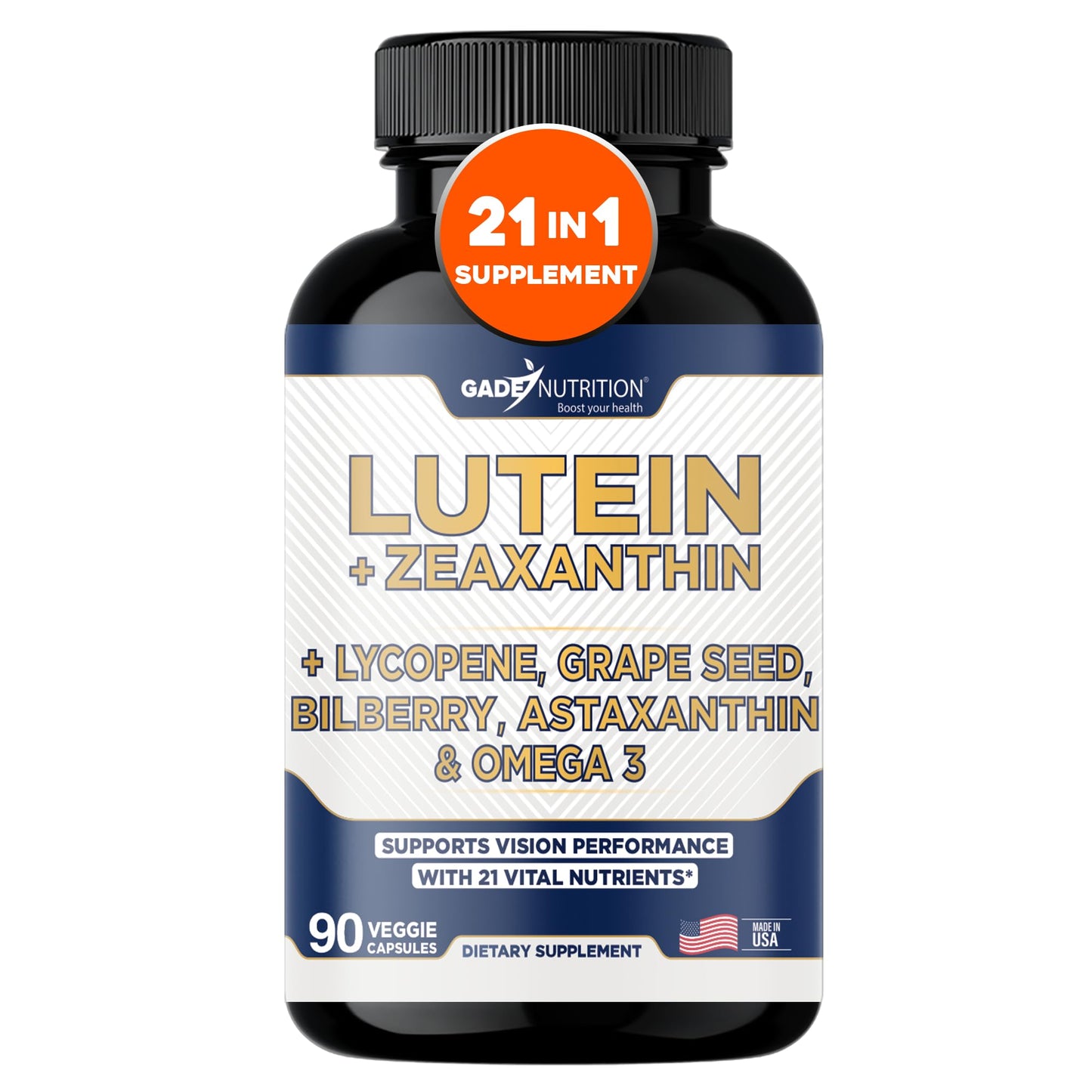 Gade Nutrition Lutein and Zeaxanthin Supplements | Astaxanthin, Omega 3, Resveratrol, Bilberry, Lycopene, Quercetin, Ginkgo Biloba, Vitamin D - Eye Health Vitamins, Eye Support, Health Vision Formula
