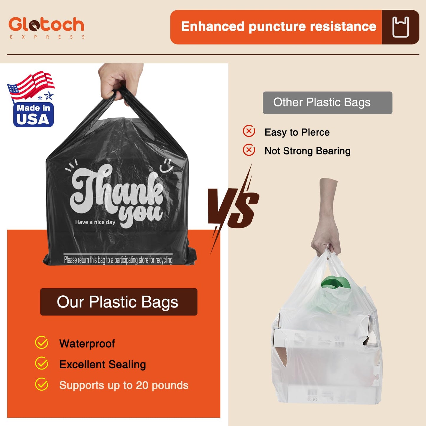 Glotoch 1000 Count Plastic Thank You T-shirt Bags Black, 11.5" x 6.5" x 21" Grocery Bags with Handles for Restaurant, Retail, Grocery Store, Takeout, Convenience Stores, Shopping Bag in Bulk