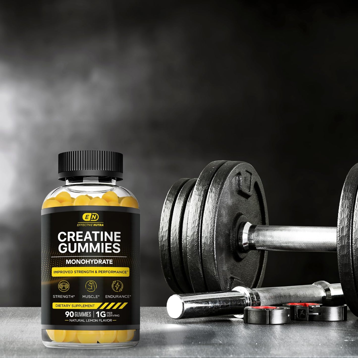 EFFECTIVE NUTRA Creatine Monohydrate Gummies | 1g Per Gummy | Vegan Creatine Gummies Supplement for Men & Women | Strength, Muscle Growth, Energy, Endurance | Natural Lemon Flavor, Made in USA (90ct)