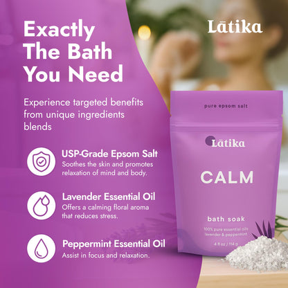 Latika Soaks Set of 3 - Calm Bath Soaks with Lavender & Peppermint, Moisturizing Epsom Salt Soak for Stress Relief, Relaxation, and Skin Nourishment, at-Home Spa Retreat Gift
