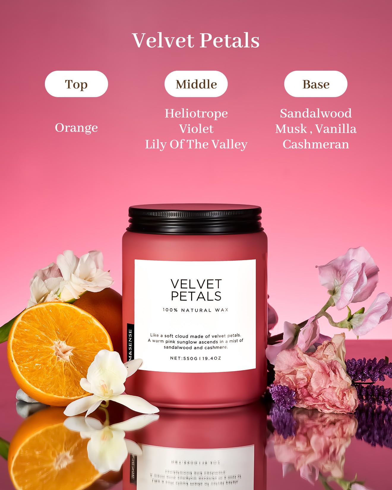 M&SENSE Velvet Petals Large Soy Candles for Home Scented, Organic Natural Soy Wax 19.4oz 110 Hour Long Lasting, Luxury Floral Scented Candle Gifts for Women