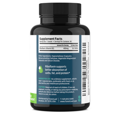 ForestLeaf Vitamin B2 Riboflavin 400mg - Energy, Skin & Cellular Health Supplement - Nervous System Support - Vitamin B 2 VIT B - Non-GMO & Gluten Free - B2 Vitamin 400mg Vegetable Capsules, 90 Count