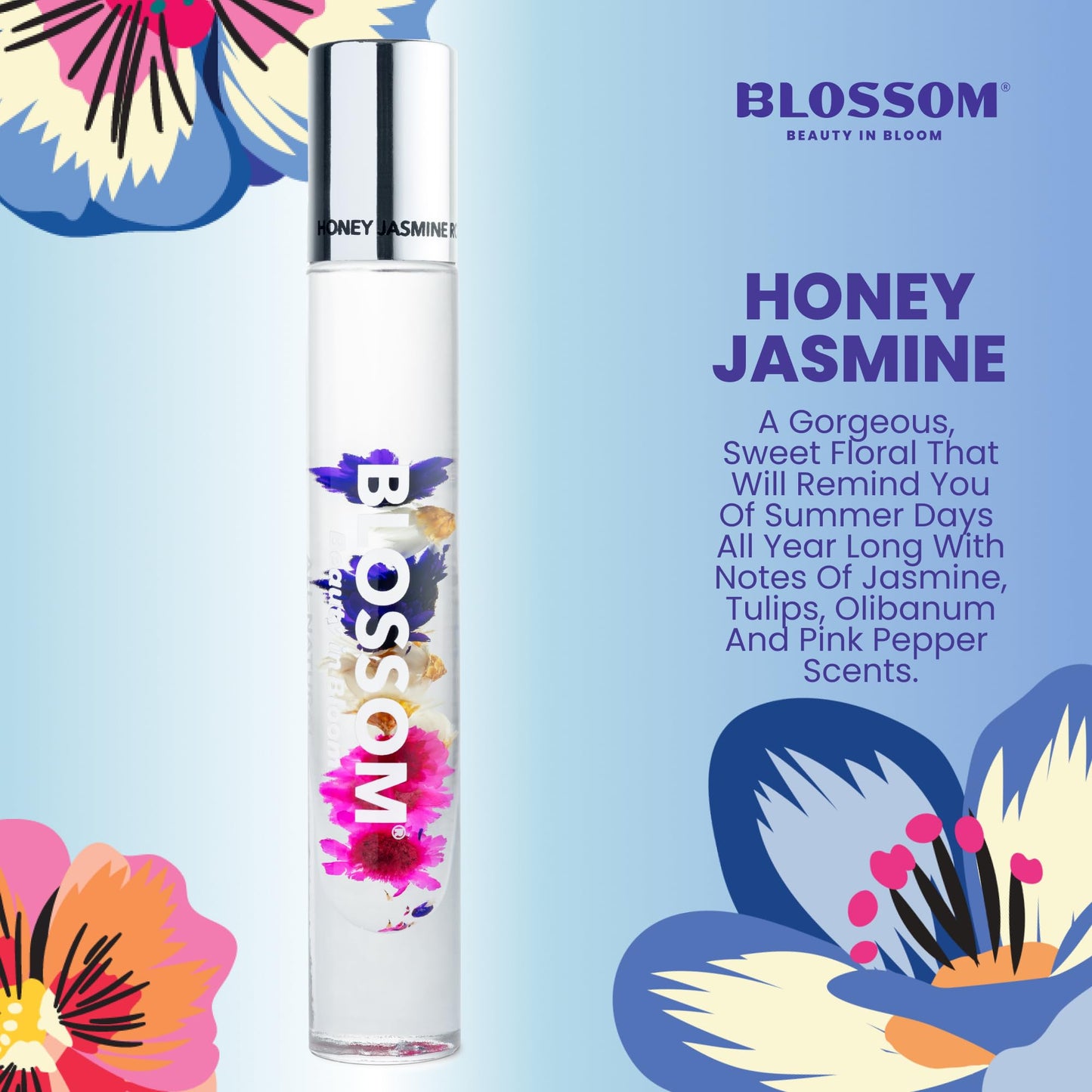 Blossom Roll on Perfume for Women Alcohol Free Rollerball Perfume Oil with Essential Oils, Infused with Real Flowers, Made in USA, 0.20oz (Jasmine, Tulips, Oibanum, Pink Pepper), Honey Jasmine