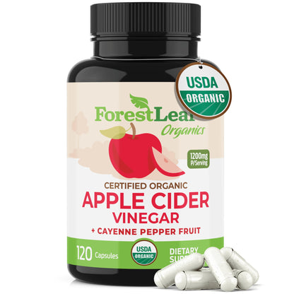 Organic Apple Cider Vinegar Capsules 1200mg – Supports Metabolism, Detox, Digestion, Gut Health – USDA Organic Apple Cider Vinegar Pills with Cayenne Pepper & Ginger Root – 120 Caps – by Forest Leaf