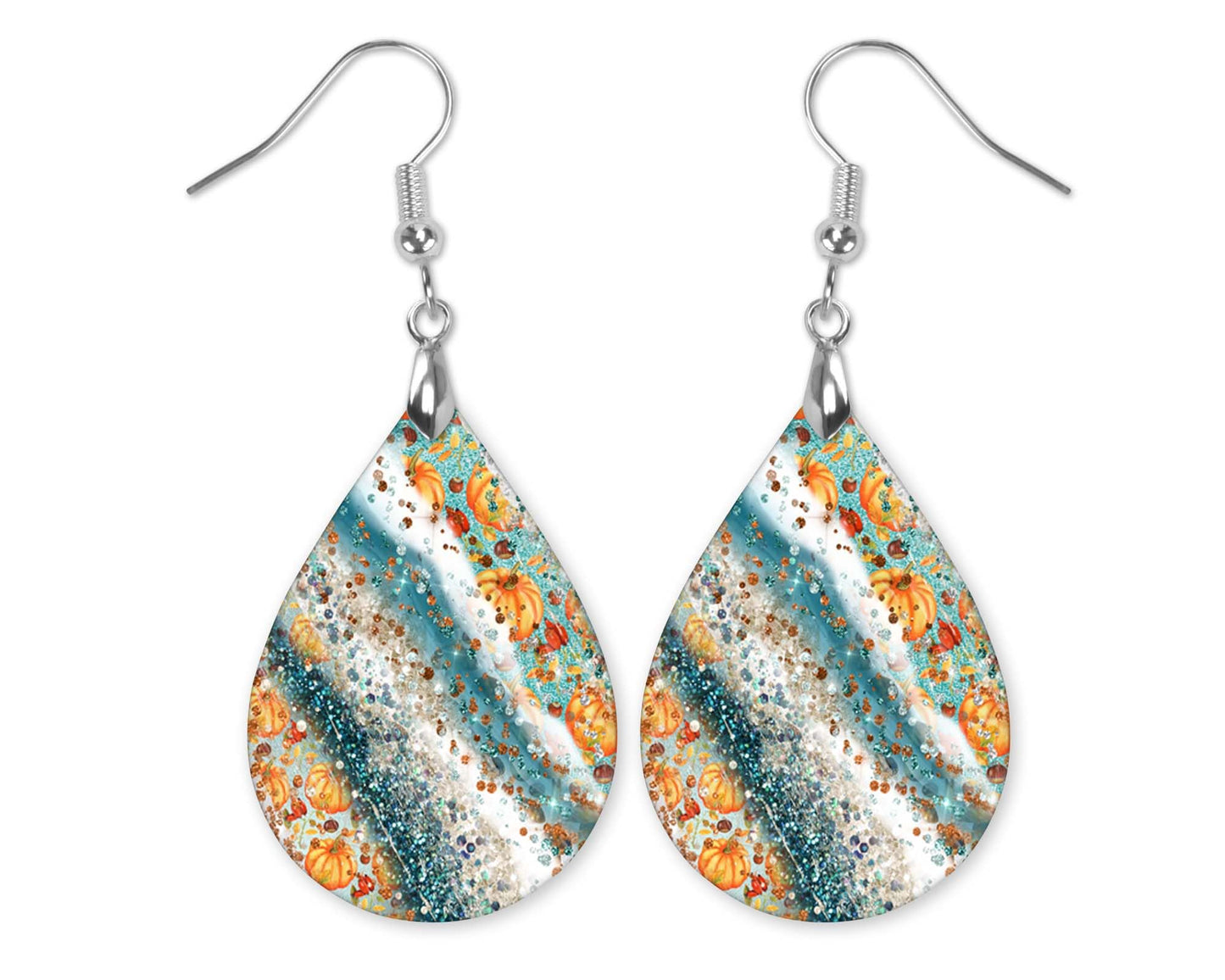 Fall Earrings for Women Autumn Lightweight Teardrop Dangle Fun Colorful Statement Jewelry Handmade by the Painted Pug (Fall Scene) (Teal Pumpkin Milkyway)