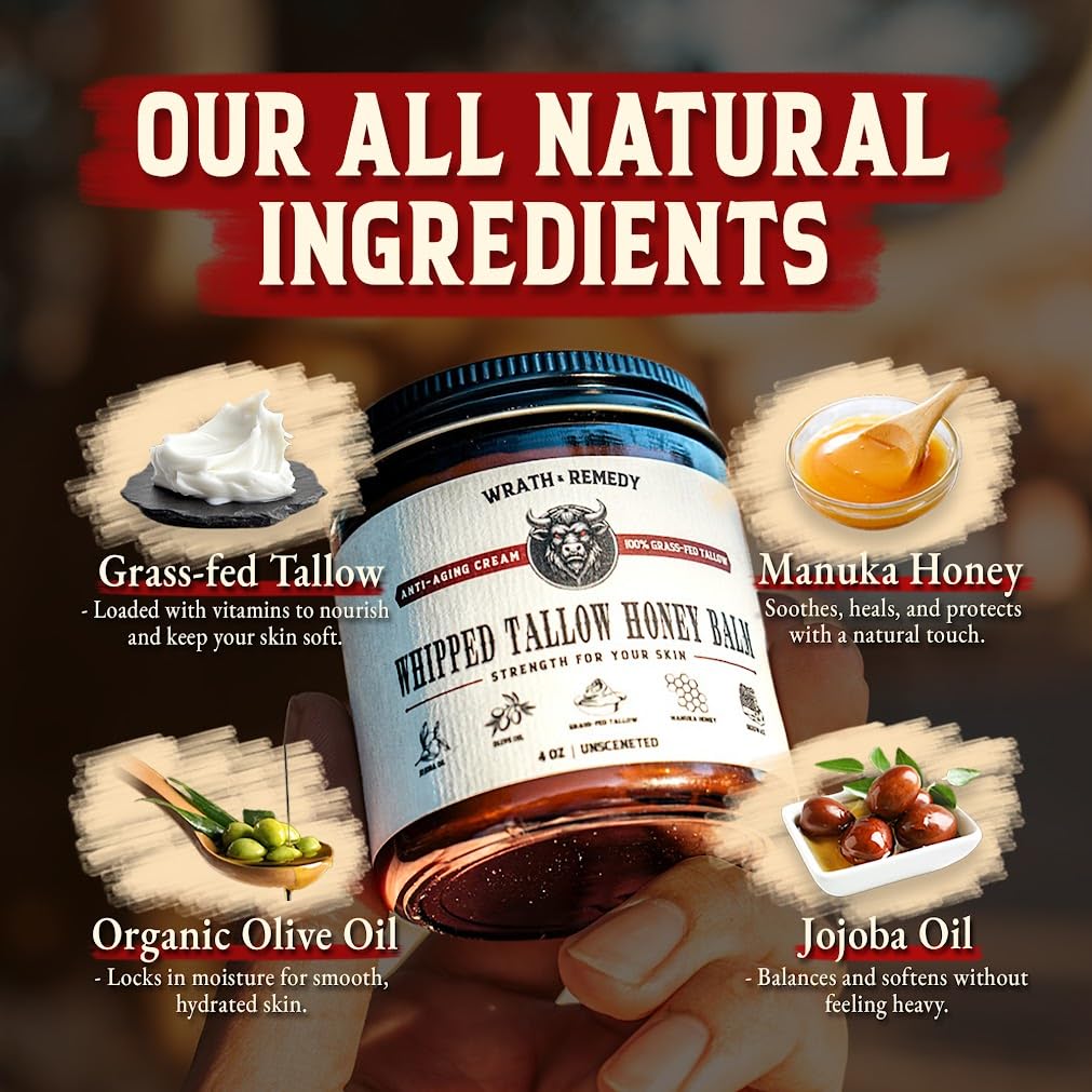 Organic Beef Tallow for Skin - 4 OZ (Pack of 3) — US-Made Grass Fed Beef Tallow for Face + Body — Whipped Tallow and Honey Balm Moisturizer for Dry and Sensitive Skin, Eczema, Rosacea (No Additives)
