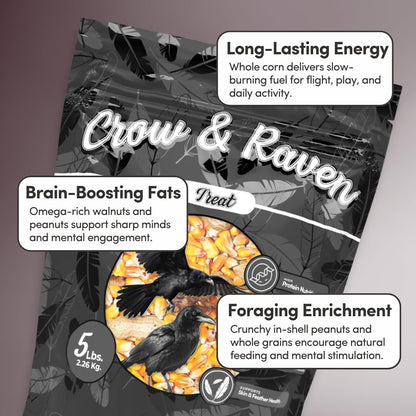 Mycelium Crow & Raven Treat 5 lbs | Wild Bird Feed for Crows, Ravens & Corvids | Whole Corn, in-Shell Peanuts & Walnuts | High-Energy Foraging Mix | Brain, Heart & Feather Support | Organic & Non-GMO