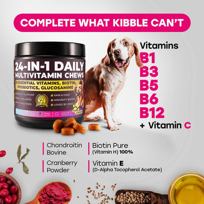 24-in-1 Complete Multivitamin Treats for Dogs - PhD Endorsed 8 Vitamins, Biotin, Probiotics, Glucosamine - Daily Wellness, Immunity, Skin & Coat, Mobility 140 Treats - Bacon Flavor - Made in USA