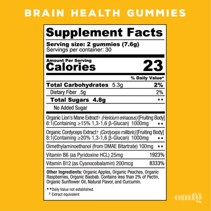OH MY FUNGI GUMMIES Mushroom Supplement for Brain Health Support – Lions Mane, Cordyceps, B12, DMAE – Vegan Gummy for Focus, Energy & Clarity – Raspberry Peach Flavor (60 Count)