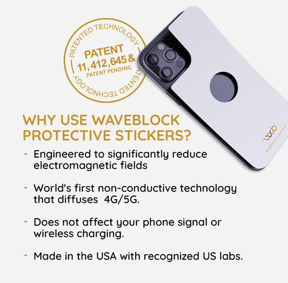 WAVEBLOCK EMF Blocker for Cell Phone - Made for iPhone 16/16 PRO - The Only Patented Real Scientifically Backed Lab-Tested 5G-Shield EMF Reduction Sticker, USA Made, Protect Yourself White