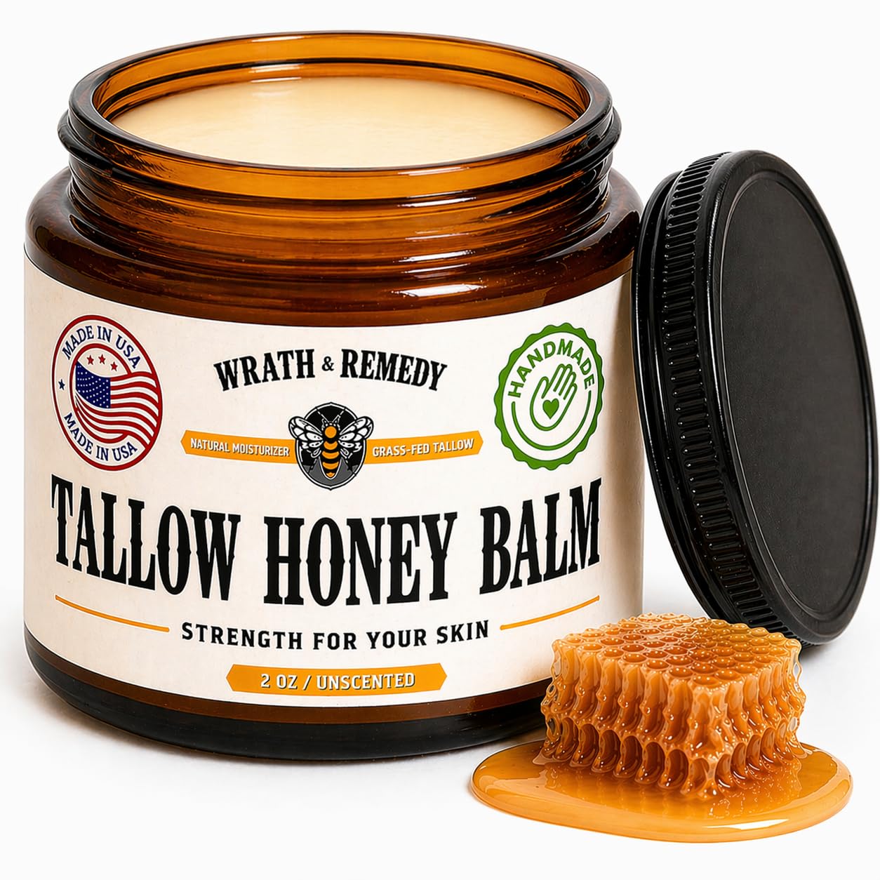 Organic Beef Tallow for Skin - 2OZ (Unscented, Concentrated) — US-Made Grass Fed Tallow and Honey Balm Moisturizer for Face, Hands & Body — Intensive Care for Dry Sensitive Skin, Eczema (No Additives)