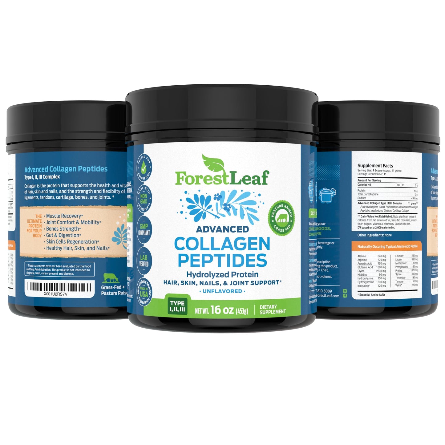 ForestLeaf Collagen Peptides Powder Unflavored - Hydrolyzed Grass Fed Keto Collagen Protein Powder Type 1, 2 & 3 - Vital Hair, Skin, Nails, Joints, Recovery, 11g Per Serving