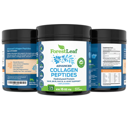 ForestLeaf Collagen Peptides Powder Unflavored - Hydrolyzed Grass Fed Keto Collagen Protein Powder Type 1, 2 & 3 - Vital Hair, Skin, Nails, Joints, Recovery, 11g Per Serving
