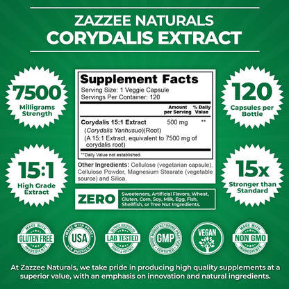 Zazzee Extra Strength Corydalis 15:1 Extract, 7500 mg Strength, 120 Vegan Capsules, Concentrated and Standardized 15X Extract, 100% Vegetarian, Premium Grade, Conolidine, All-Natural and Non-GMO