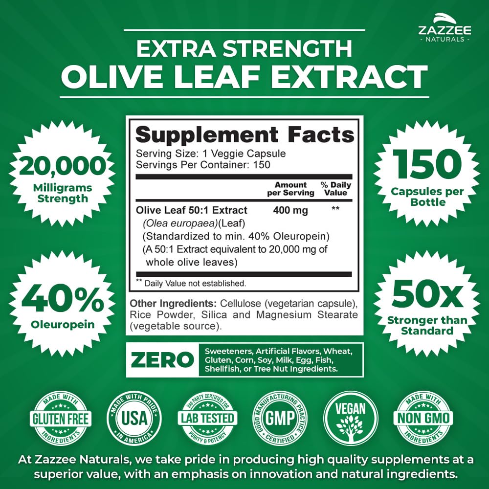 Zazzee Extra Strength Olive Leaf 50:1 Extract, 20,000 mg Strength, 40% Oleuropein, 150 Vegan Capsules, 5 Month Supply, Concentrated and Standardized 50X Extract, 100% Vegetarian, Non-GMO, All-Natural