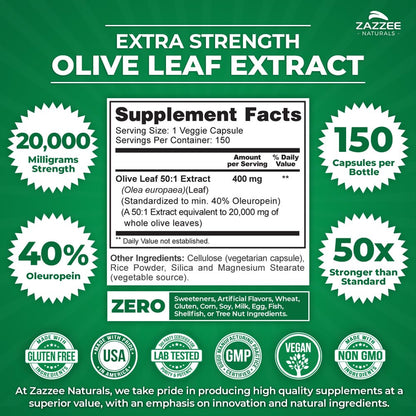 Zazzee Extra Strength Olive Leaf 50:1 Extract, 20,000 mg Strength, 40% Oleuropein, 150 Vegan Capsules, 5 Month Supply, Concentrated and Standardized 50X Extract, 100% Vegetarian, Non-GMO, All-Natural