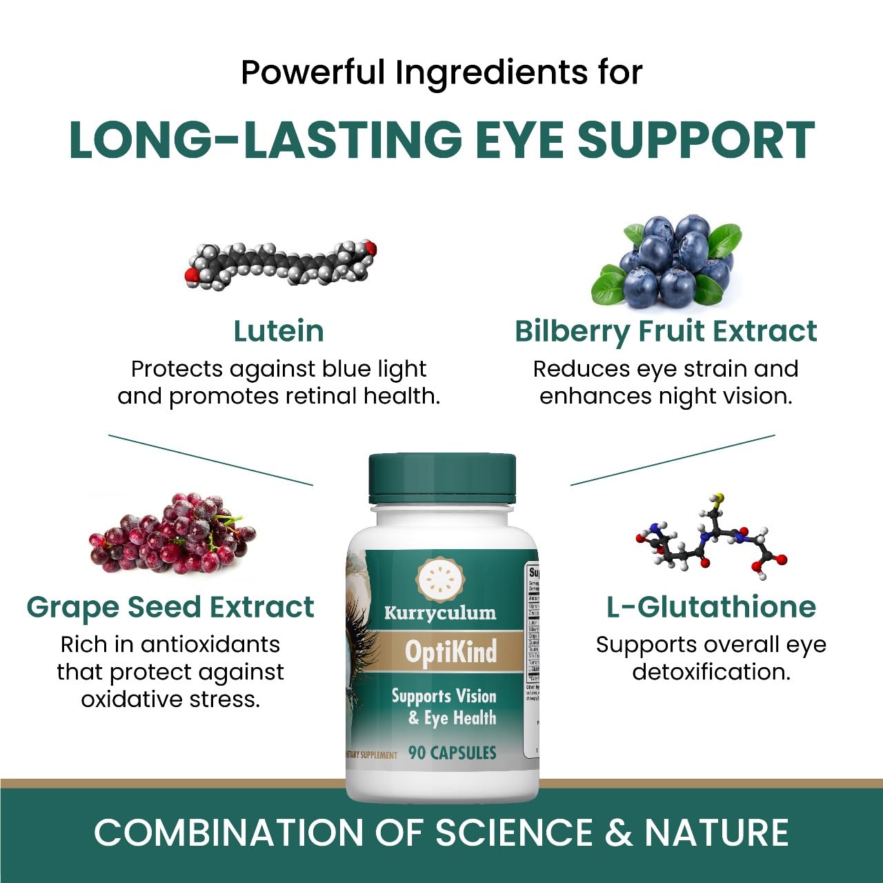 Kurryculum OptiKind Vision Support Supplement, 90 Capsules, Eye Health Formula with Lutein and Glutathione