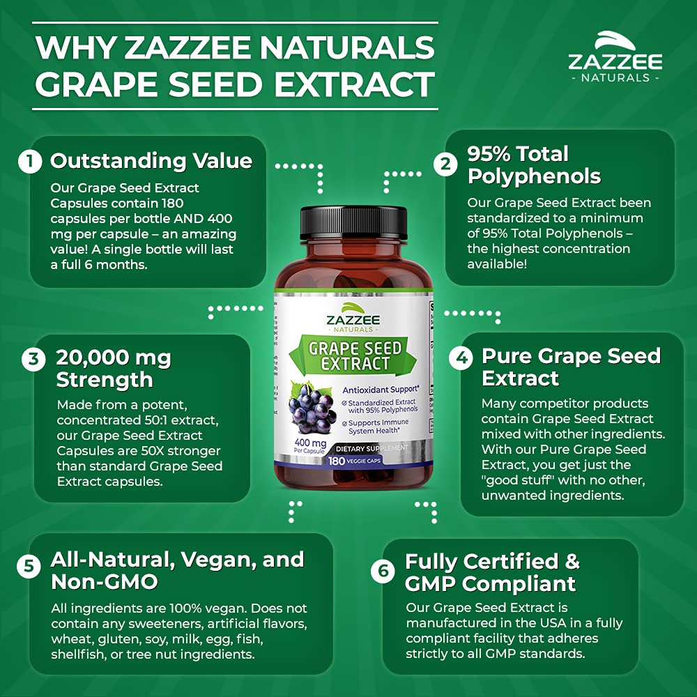 Zazzee High Strength Grape Seed 50:1 Extract, 180 Vegan Capsules, 95% Polyphenols, 400 mg per Capsule, 6 Month Supply, Standardized and Concentrated 50X Extract, Non-GMO, Made in The USA