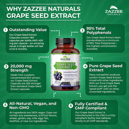 Zazzee High Strength Grape Seed 50:1 Extract, 180 Vegan Capsules, 95% Polyphenols, 400 mg per Capsule, 6 Month Supply, Standardized and Concentrated 50X Extract, Non-GMO, Made in The USA