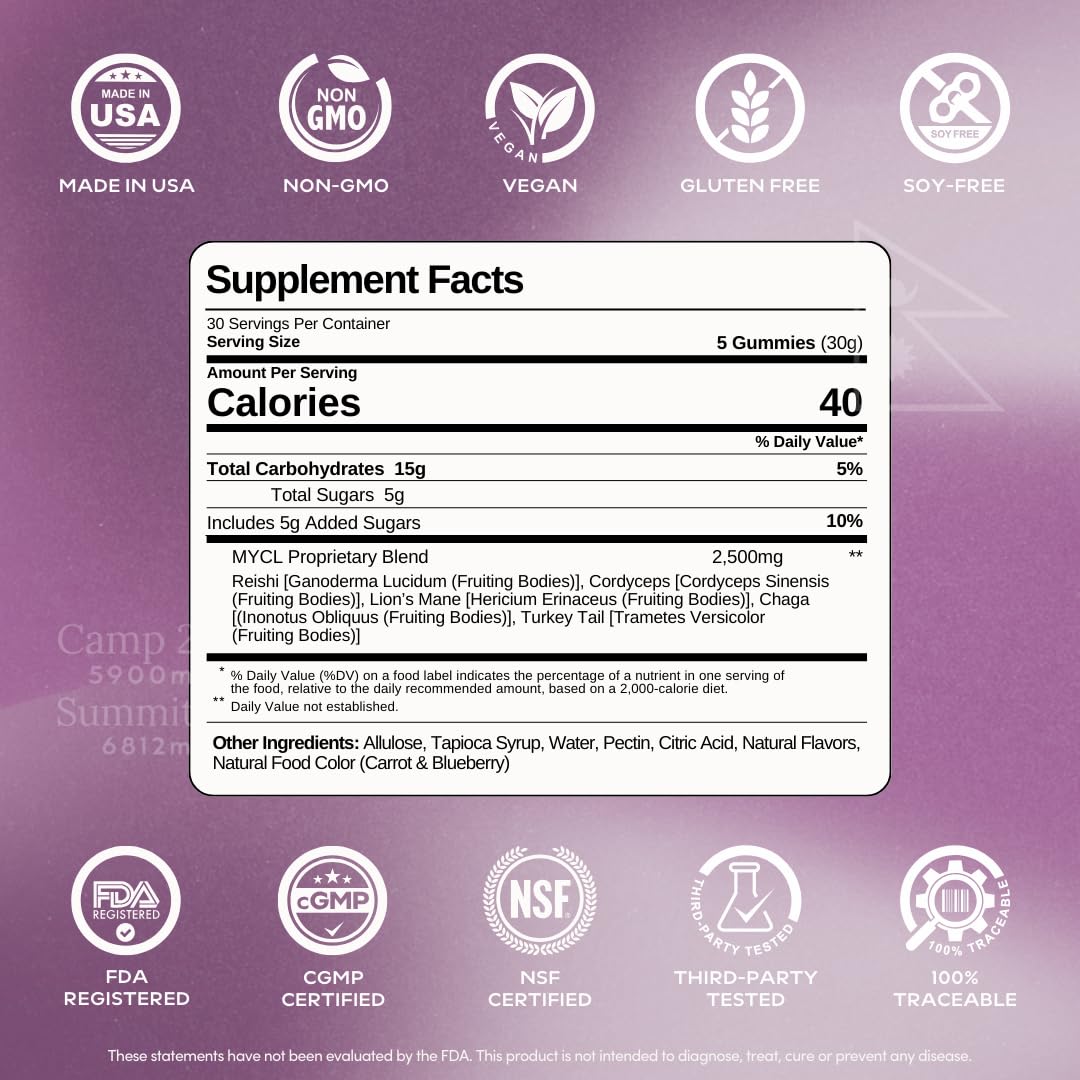 MYCL Adult Multi Vitamin Gummies | 500mg Fruiting Bodies – Cordyceps, Reishi, Lion’s Mane, Turkey Tail & Chaga | Immune & Energy Support | Vegan, Gluten-Free | Berry Flavor, 30 Servings 5 Gummies/Pack