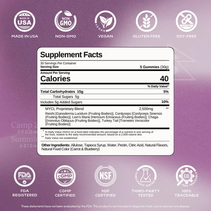 MYCL Adult Multi Vitamin Gummies | 500mg Fruiting Bodies – Cordyceps, Reishi, Lion’s Mane, Turkey Tail & Chaga | Immune & Energy Support | Vegan, Gluten-Free | Berry Flavor, 30 Servings 5 Gummies/Pack