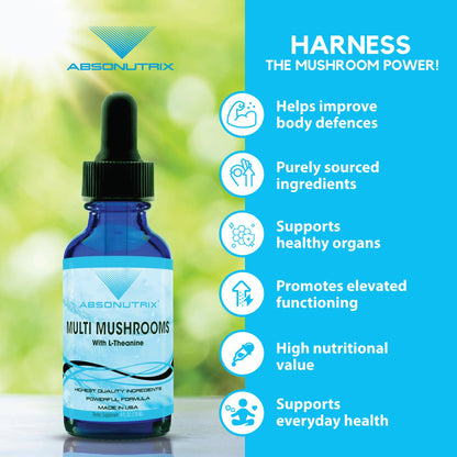 Absonutrix Multi Mushrooms l theanine Supplement, 390 mg, 4 Oz Liquid, 302 Servings, Made in USA, Quick Absorption, Quality Potent Ingredients, Non-GMO, GMP Certified Facility, Cruelty-Free Products