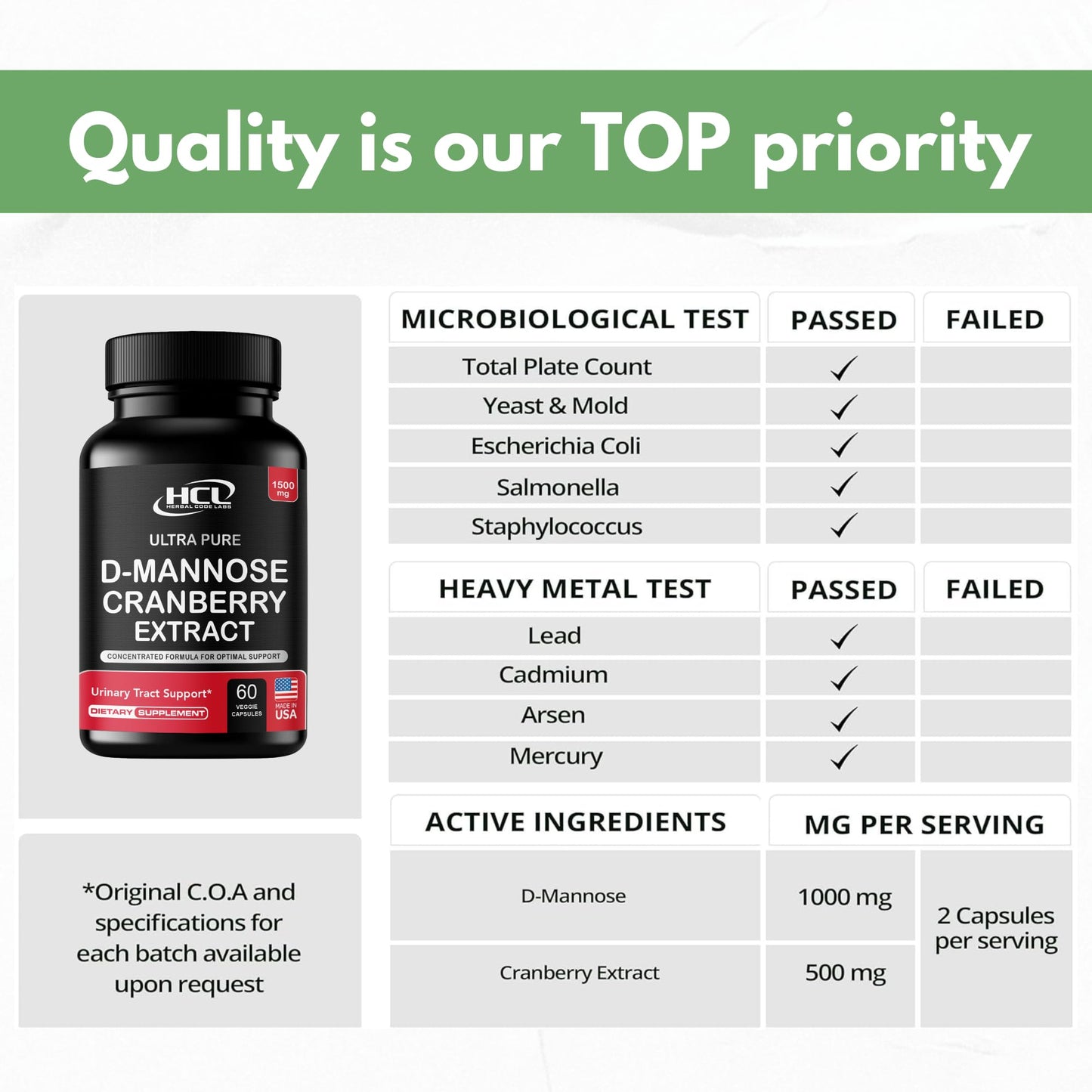 HCL HERBAL CODE LABS D-Mannose with Cranberry Extract Capsules 1500mg – High Potency USP Grade D-Mannose Supplement with Whole Fruit Cranberry Powder – Urinary Tract Support – Non-GMO 60 Capsules