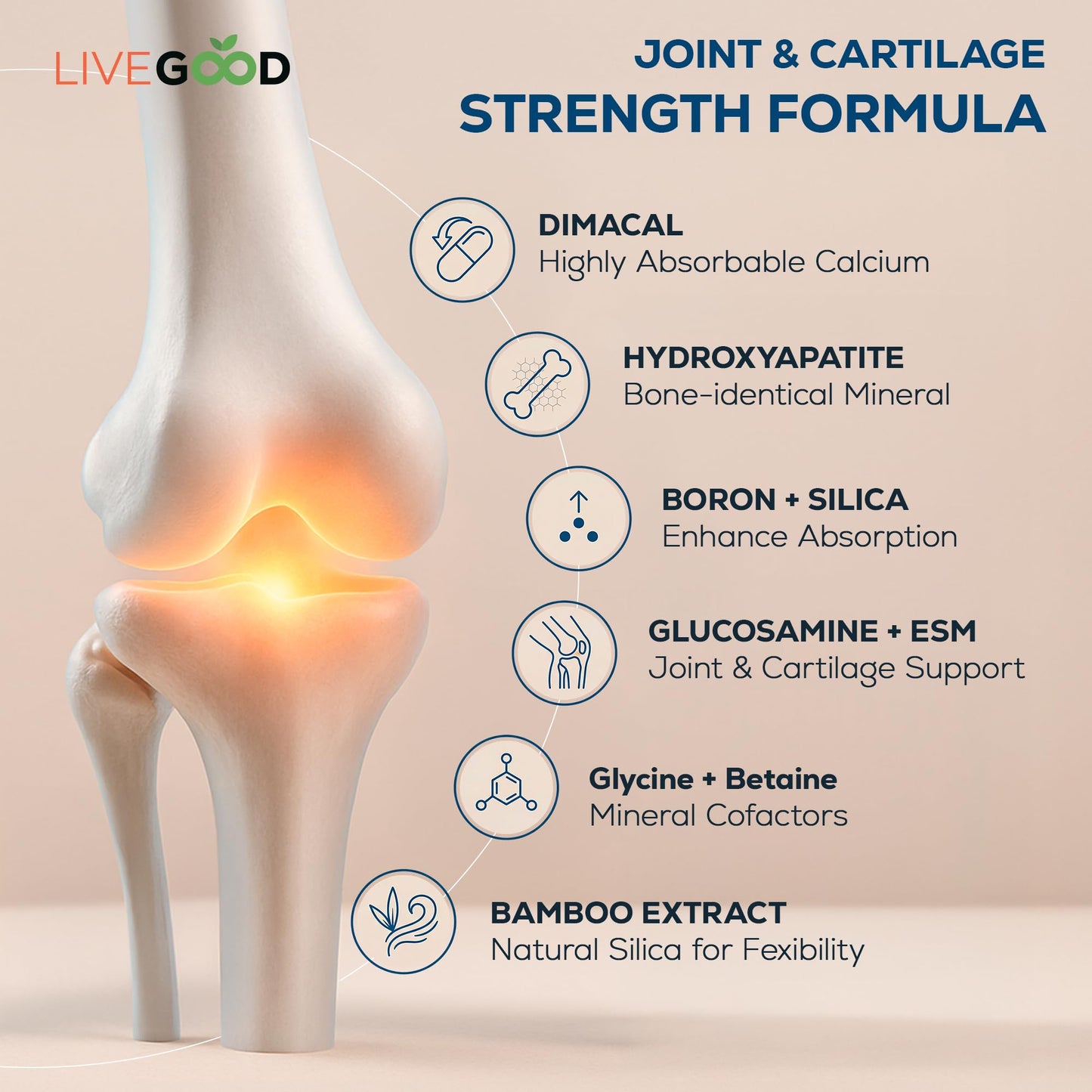 LiveGood Osteo Complete Bone and Joint Support with Highly Absorbable Calcium, Glucosamine, Eggshell Membrane, Boron and Silica for Bone Density, Flexibility and Mobility (90 Capsules)