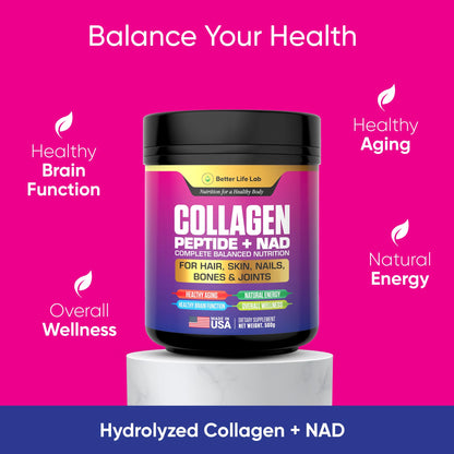 BETTER LIFE LAB Hydrolyzed Collagen Peptides with NAD – Supports Hair, Skin, Nails, Joints & Bones – Type I & III Collagen – Grass-Fed, Unflavored Powder