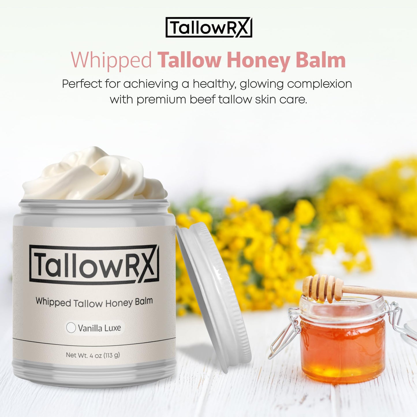 TALLOWRX 100% Organic 4 OZ Whipped Beef Tallow and Honey Balm Tallow and Honey Balm - Beef Tallow for Face - Tallow and Honey Balm For Face - Beef Tallow Skin Care - VANILLA SCENTED