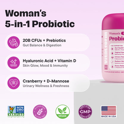 VitalForm Women’s Probiotic with 20B CFU – 5-in-1 Vaginal, Gut, Urinary, Skin & Mood Support – D-Mannose, Cranberry, Hyaluronic Acid, L-Theanine, Vitamin D – Vegan, Non-GMO – 30 Capsules