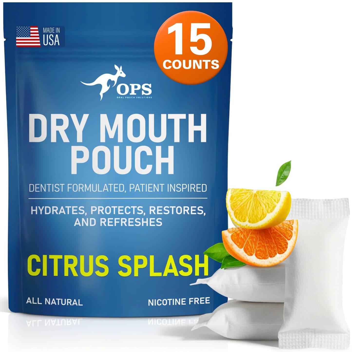OPS Citrus Splash 4-1 Oral Moisturizing Pouch - Breath Mints Pouches, Xylitol Mints Pouches, Mouth Moisturizer | Saliva Substitute | Contains Xylitol & Menthol (Citrus)