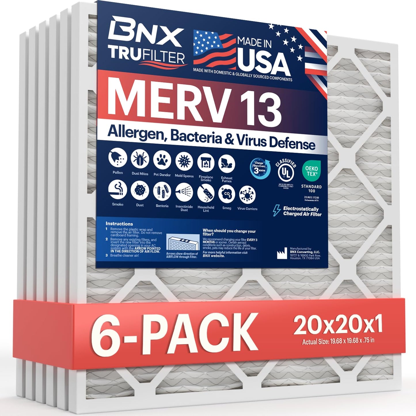 BNX TruFilter Air Filter MERV 13 - MADE IN USA - Electrostatic Pleated Air Conditioner HVAC AC Furnace Filters for Allergies, Pollen, Mold, Bacteria, Smoke, Allergen, MPR 1900 FPR 10
