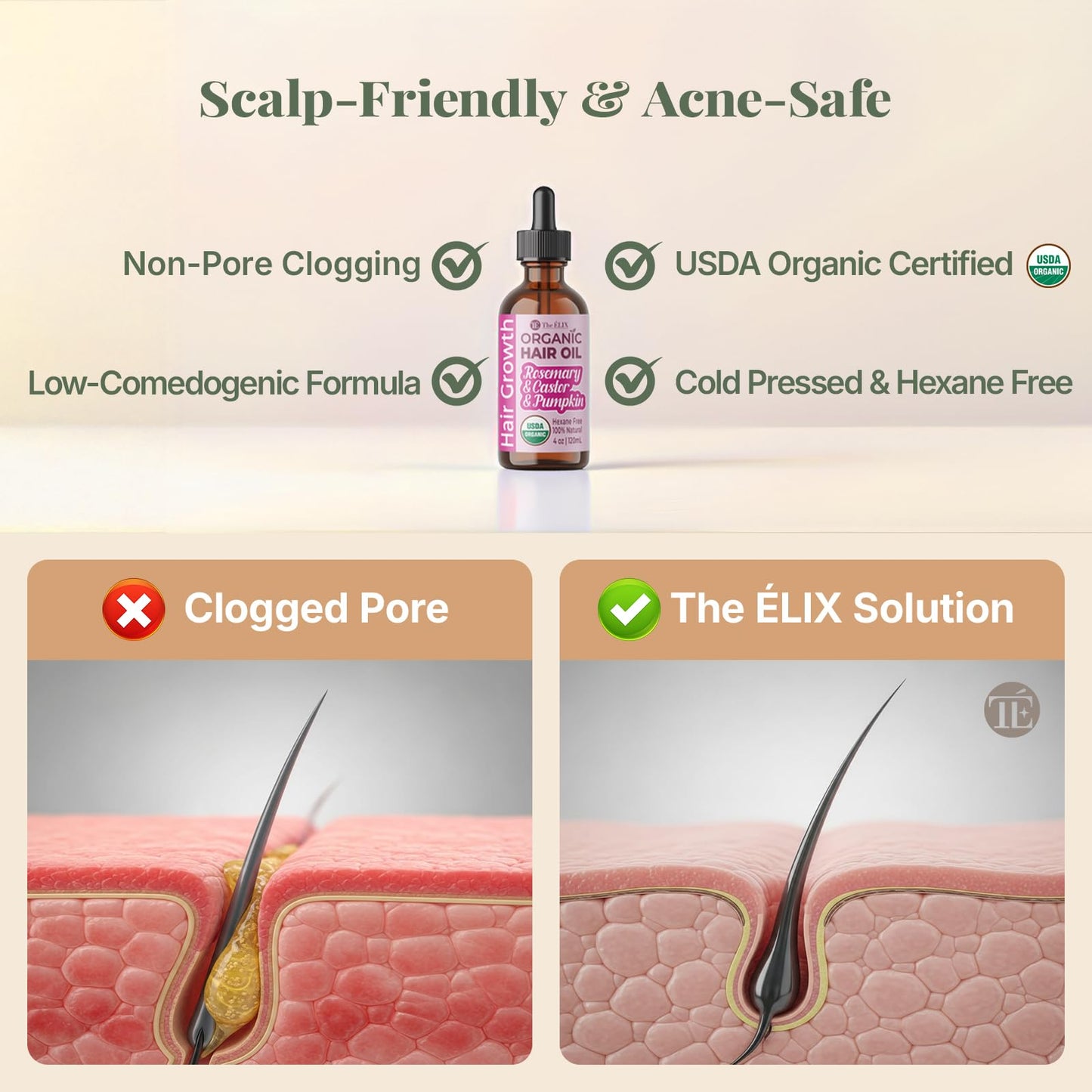 The ÉLIX USDA Organic Rosemary Oil for Hair Growth | Thickening Formula with Castor & Pumpkin Seed | for Hair Loss & Thinning | Made in USA | 4oz