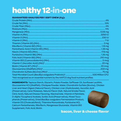 12-in-1 Complete Multivitamin for Dogs | Dog Multivitamin Chewable with Glucosamine Chondroitin & Digestive Probiotics for Dogs of All Ages and Sizes | NASC Certified & Made in The USA | 60 Chews