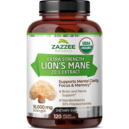 Zazzee USDA Organic Lion's Mane 20:1 Extract, 30% Polysaccharides, 16,000 mg Strength, 120 Vegan Capsules, Nootropic for Brain Health, Focus, Memory, Concentration and Immune Support, Made in The USA