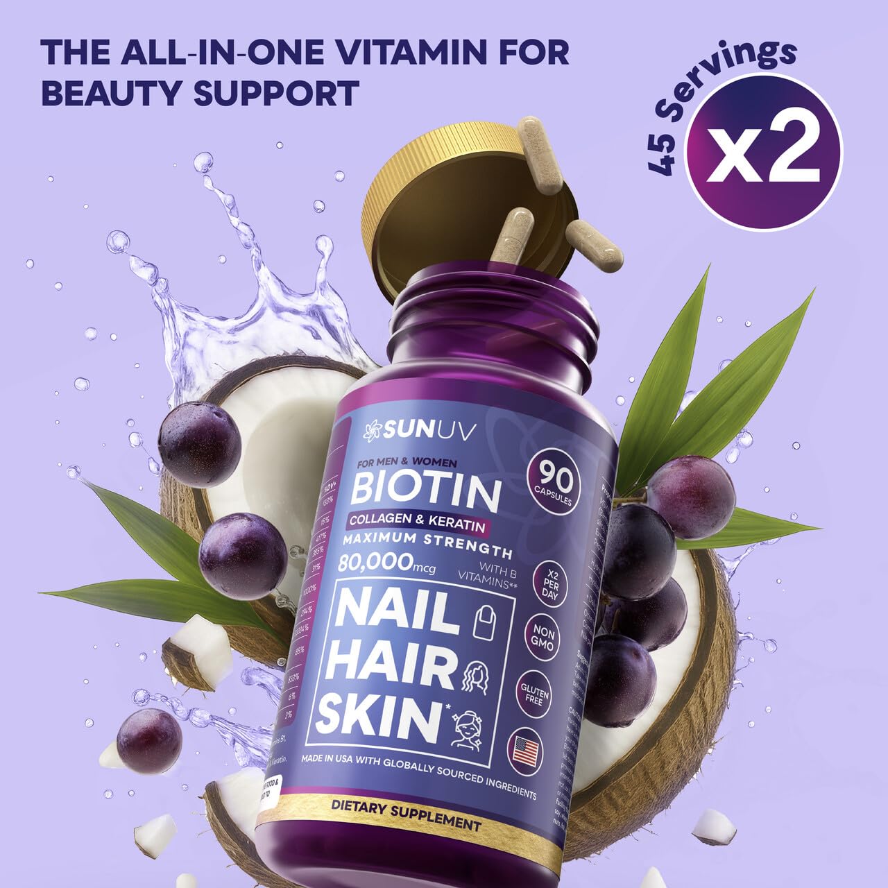 SUNUV Biotin 10,000mcg | Collagen | Keratin - 80,000mcg Hair Growth Vitamins for Women & Men,Skin & Nails Support - Hyaluronic Acid & Vitamins B1,B2,B3,B5,B6,B9,B12 -Made in USA-90 Capsules