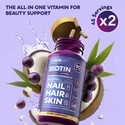SUNUV Biotin 10,000mcg | Collagen | Keratin - 80,000mcg Hair Growth Vitamins for Women & Men,Skin & Nails Support - Hyaluronic Acid & Vitamins B1,B2,B3,B5,B6,B9,B12 -Made in USA-90 Capsules
